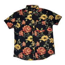 Forever 21 Mens Size M Black Orange Floral Button Up Short Sleeve Hawaiian Luau - £14.24 GBP