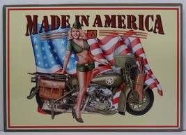 Made in American Pin Up Girl with Military Motorcycle Metal Sign - $14.95
