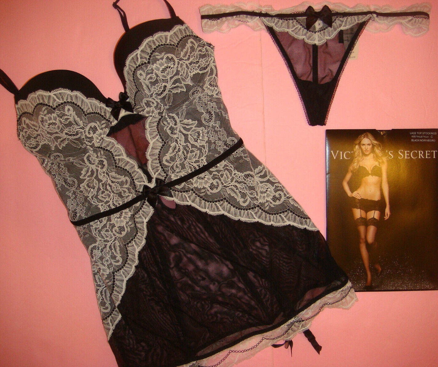 Primary image for Victoria's Secret 34C,36B GARTER SLIP corset dress+S,L thong Black White lace
