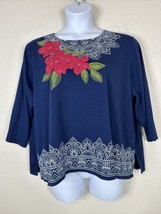 Alfred Dunner Womens Size 3XP Blue Floral Embroidered T-shirt 3/4 Sleeve - £11.80 GBP