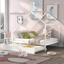 Full Size Wooden House Bed With Twin Size Trundle, White - £207.25 GBP