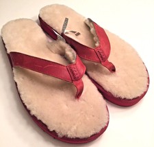 UGG Sandals Mens 17 Red Leather Fur Lined Soft Sheepskin Classic Flip Flop Thong - £42.32 GBP