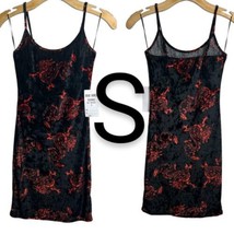 Sexy Black &amp; Red Velvet Dragon Print Design Mini Cami Bodycon Dress~Size S - £23.73 GBP