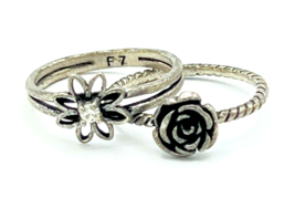 Set of Two Vintage Antique Pewter Flower Rings Size 7 - $19.80