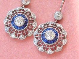 Art Deco 1.34ctw Diamond Sapphire Halo Dangle Scalloped Round Cocktail Earrings - $4,087.71