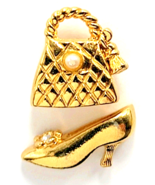 Lot 2 Gold Tone Purse and High Heel Shoe Fashion Pins Pearl Rhinestone A... - €14,58 EUR