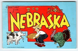 Greetings From Nebraska Pig Corn Farmer Turkey Horse Postcard Map Linen Kropp - $12.38