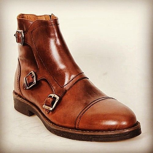NEW Handmade Mens Buckle Strap Ankle High boot, Men's Brown Triple Monk Leather