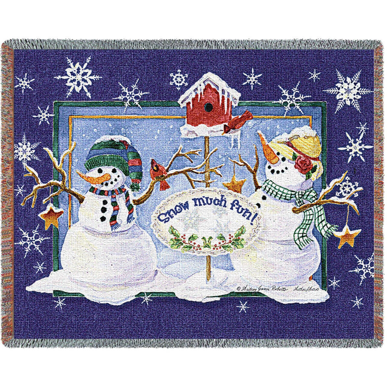 72x54 SNOW MUCH FUN Snowman Winter Christmas Holiday Tapestry Throw Blanket  - $63.36