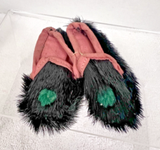 Antique Miniature Real Black Fur Pink Cloth Eskimo Toy Doll Moccasin Sli... - $29.21