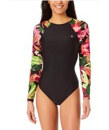 Hurley Womens Swimsuit Black Floral 1-PC Stretch UPF 50+ High Neck Long ... - $48.99
