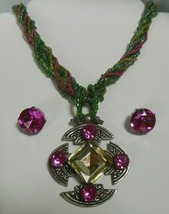 Vintage Multi-strand Pink/Green Seed Bead Rhinestone Necklace &amp; Earrings - $64.35
