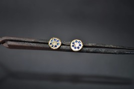 Earrings. 14K yellow gold stud earrings with Blue Sapphire. handmade earrings. - £397.84 GBP