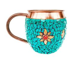Rastogi Handicraft Pure Copper Green Stone Mug Drinkware Set Dinnerware Tablewar - £18.12 GBP+