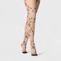 Women&#39;s Sheer Viney Floral Tights - A New Day Honey Beige/Black L/XL - £7.72 GBP