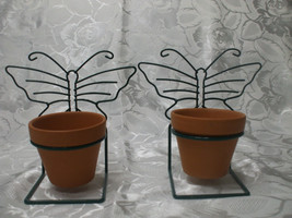 2 Terra Cotta Pots With Green Metal Butterfly Hanger - £23.69 GBP