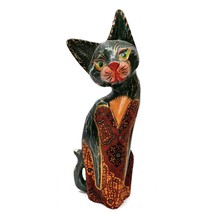 Hand Painted Wood Fabric Hand Painted and Carved Cat Figurine Multicolor... - £17.24 GBP