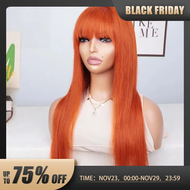 Orange Color Wig With Bangs Straight Hair Brazilian Straight Human Hair Wigs - £28.12 GBP+