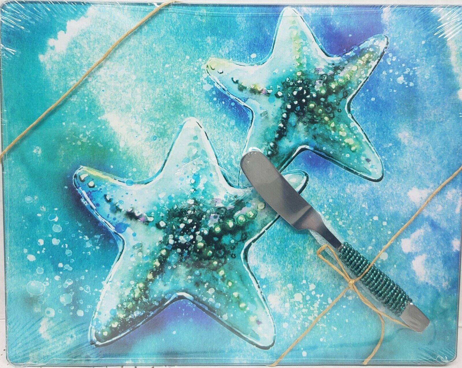 Primary image for Set of Glass Cutting Board & Cheese Spreader (10"x8") SEALIFE, 2 LARGE STARFISH