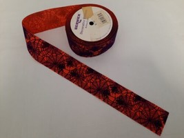 VTG Berwick Ribbon Halloween Spider &amp; Spider Web 12+ Yards Orange Purple Flocked - £15.78 GBP