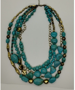 SAQ Multi-Layered Stone Beads Statement Necklace - Faux Turquoise - Gold... - £10.43 GBP