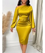 Trendy TRON Satin Bodycon Dress, Asymmetric Neckline, Long Sleeve, Knee Length,  - $61.74