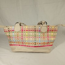 Croft &amp; Barrow Beige &amp; Multi-Color Woven Fabric &amp; Pleather Handbag 2 Str... - £18.96 GBP