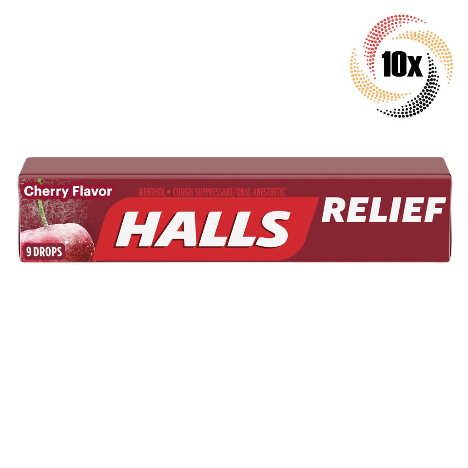 10x Packs HALLS Relief Cherry Sore Throat Oral Cough Drops | 9 Drops Per... - $24.10