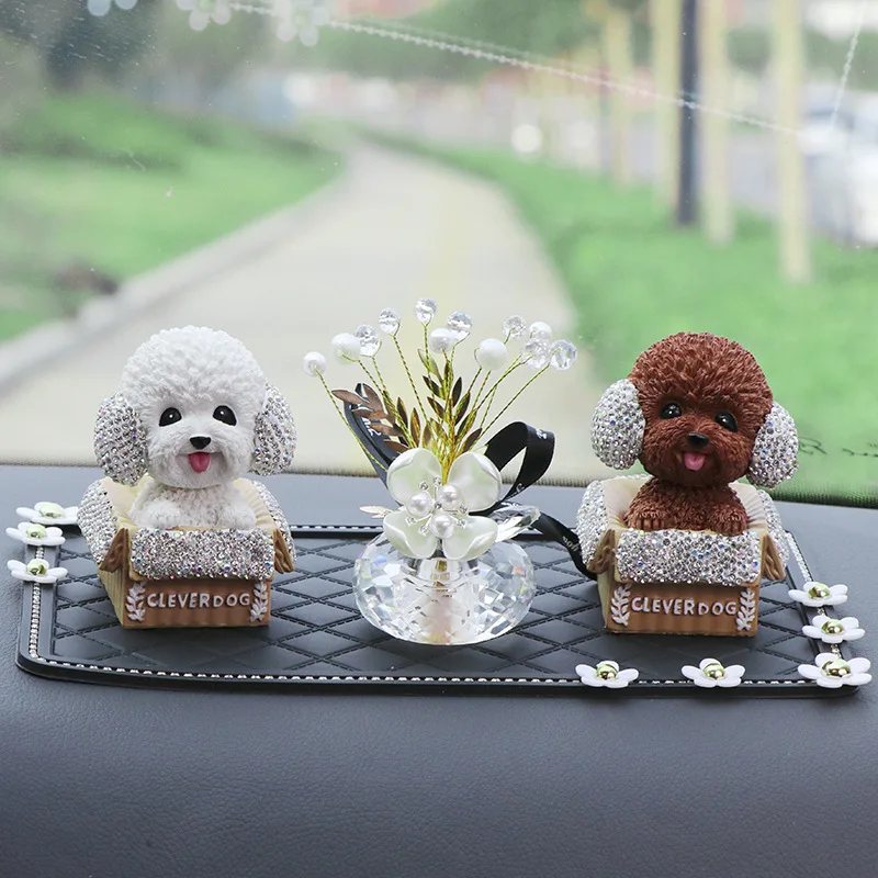 Cute Cartoon Shake Head Teddy Dog Car Ornaments Diamond Auto Center Console - $21.47+