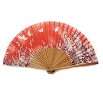 SILK HAND FAN 8&quot; Red Butterfly Garden High Quality Elegant Folding Pocke... - $9.95