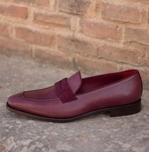 Men&#39;s Burgundy Color Moccasin Loafer Slip On Rounded Toe Vintage Leather Shoes - £110.26 GBP