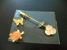 Vintage Enamel Butterfly Turtle Flower Stick Pin Gold tone Brooch set lot - £7.90 GBP