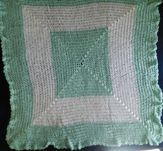 AFGHAN Blanket BABY SOFT Handmade Crochet Pastel Green &amp; White 33&quot; x 36&quot;... - $34.49