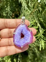 925 Sterling Silver Plated, Purple Druzy Geode Agate Stone Pendant, Healing 1 - £9.42 GBP