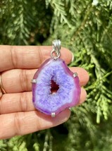 925 Sterling Silver Plated, Purple Druzy Geode Agate Stone Pendant, Heal... - £9.43 GBP