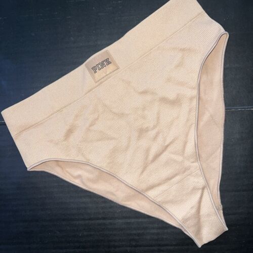 NWT Victoria&#39;s Secret PINK M panty high-leg bikini BEIGE ribbed - $16.82