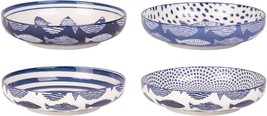 Set of 4 Asst 7&quot;D Fish Blue/White Machine Print Coupe Shape Pasta Bowls - $85.09