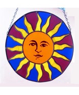 NEW Artist Handmade Original Design Hanging Stained Glass Round Sun Face... - $89.09