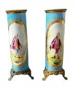 Antique Pair Sevres School Blue Porcelain Bud Vases In Frames Hand Paint... - $300.00