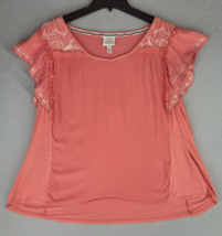 Knox Rose Shirt Women&#39;s 2X Orange Flutter Sleeve V Neck Tunic Boho Embroidered - £10.26 GBP
