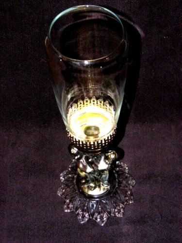 Primary image for VTG Hollywood Regency Brass Cherubs Glass Hurricane Candlestick Holder Lamp 16"