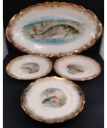 Antique Huntington Fish-Themed 18&quot; Platter + Set Of Three 8&quot; Plates c189... - £77.07 GBP
