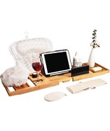 Bamboo Wood Premium Foldable Bathtub Tray Expandable Bath Tray w/ Pillow - $935.83 MXN