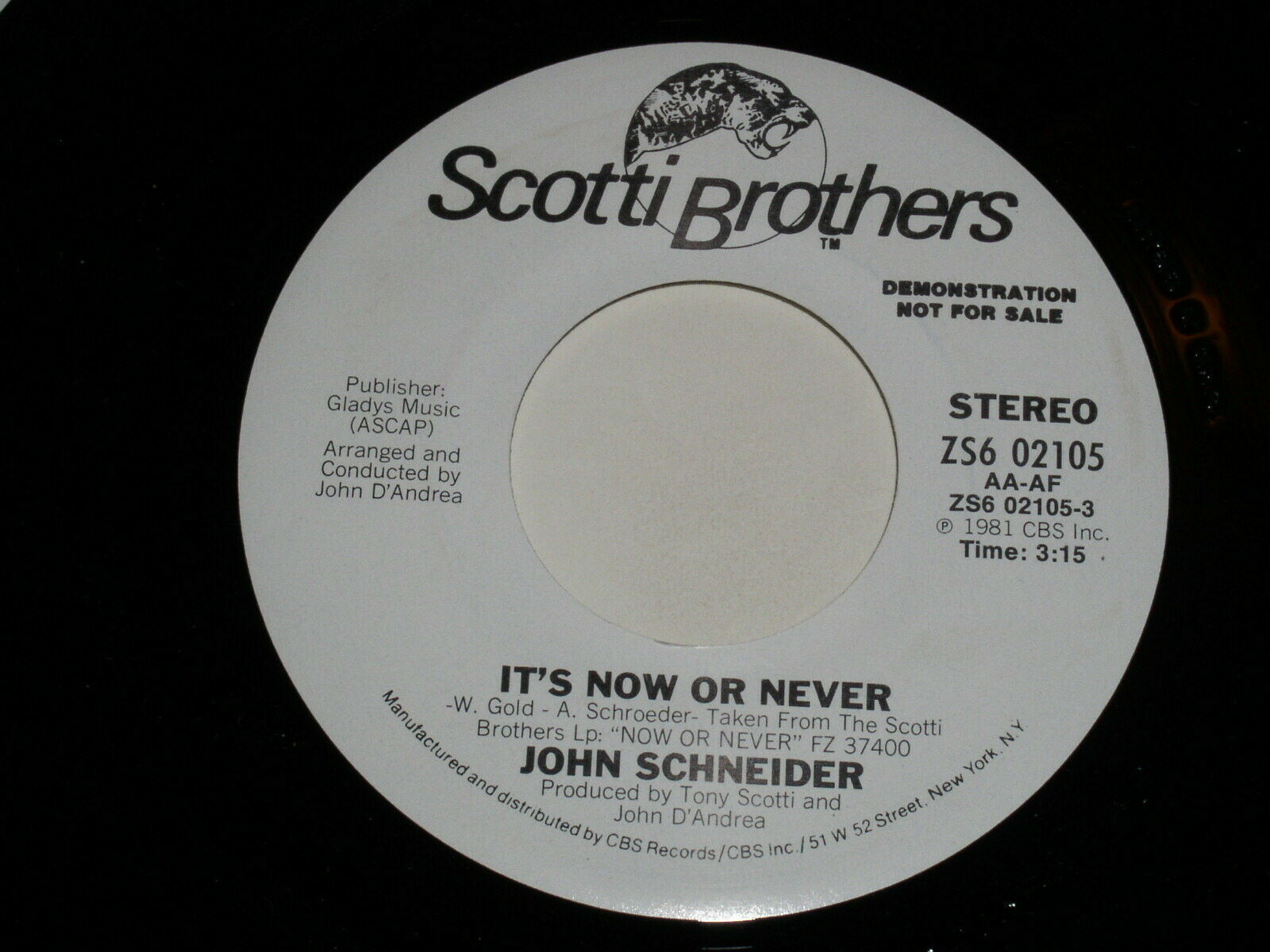 Primary image for John Schneider It's Now Or Never 45 Rpm Record Scott Brothers Label Promotional