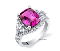 4.04CT Cushion Cut Pink Purple Sapphire &amp; Shiny White CZ Ring in 925 Pure Silver - $560.12