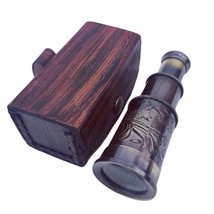 WAVE NAUTICAL - 4&quot; Brass Engraved Telescope Victorian Marine with Leather Box  - £20.41 GBP