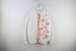 Vtg 90s Country Primitive Womens Large Quilt Heart Patch Cardigan Sweatshirt USA - £44.60 GBP