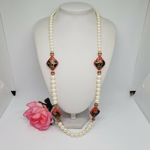 Vintage Sighed Japan Faux Pearl Red Flower Bead Necklace - £15.94 GBP