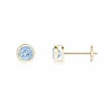 Natural Aquamarine Round Solitaire Stud Earrings in 14K Gold (Grade-AA , 4MM) - £266.91 GBP