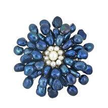 Freshwater Dyed Blue Pearls Retro Floral Pin-Brooch - £21.95 GBP